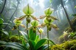 © Adisorn - Exotic, velvety-green leaves with intricate patterns and delicate white flowers of the rare and endangered Slipper Orchid bloom in a misty, tropical rainforest environment.