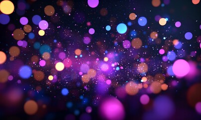 Poster - Purple bokeh lights abstract background. Night party. Blurred shiny glitter particles backdrop. Defocused light. Festive sparkle effect. Magical and dreamy.