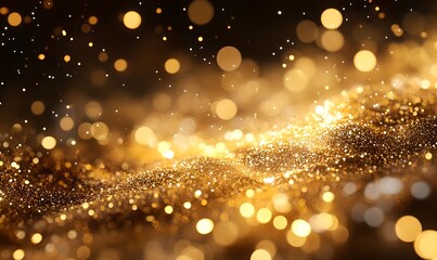Poster - Gold bokeh lights abstract background. Blurred shiny glitter particles backdrop. Defocused light. Holiday sparkle effect. Magical and dreamy. New Year and Christmas