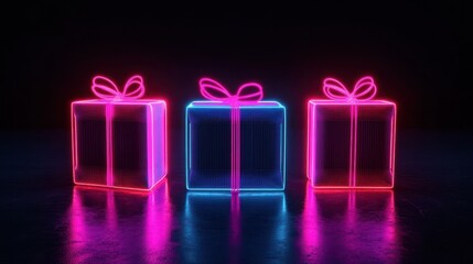 Wall Mural - Trio of neon wireframe gift boxes glowing in the dark isolated on black background.