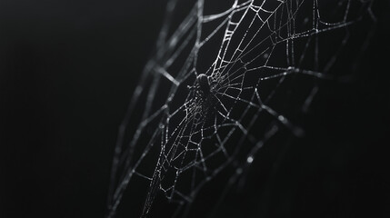 A spider web glistening with dew drops against a dark background.