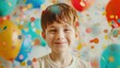 © Svetlana - happy birthday day. Smiling child with surrounded by vibrant balloons and confetti. Bright, festive atmosphere.