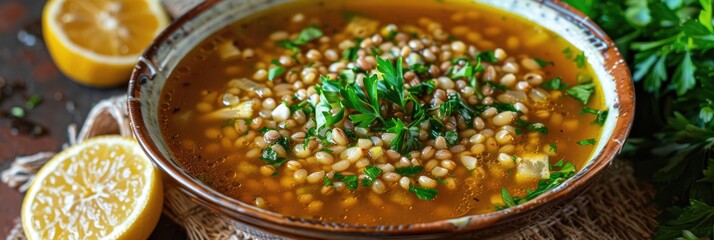 Poster - Traditional Barley Broth Soup in Aleppo Style, also referred to as Talbina or Tirbiyali, is a signature dish enjoyed after Ramadan.