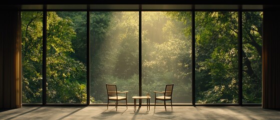 A serene interior scene with two chairs by a large window, overlooking a lush green forest with soft sunlight filtering through.