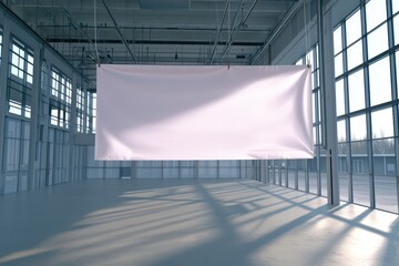 Wall Mural - A spacious, modern interior featuring a large blank canvas banner, perfect for advertising or decoration in a well-lit environment.