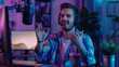 © Aytaj - One man caucasian male blogger or vlogger gesticulating while streaming video podcast in broadcasting studio use microphone and headphones famous influencer shooting video for channel podcast