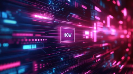 Vibrant digital abstract with glowing lines, symbolizing technology and communication, featuring a prominent 'HOW' button.