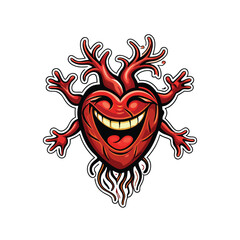 Wall Mural - A cartoon heart-shaped monster with veins and arteries and a wide grin.