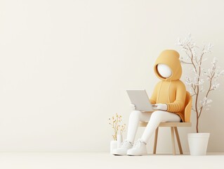 Minimalist Scene with Faceless Figure in Yellow Hoodie Using Tablet, Surrounded by White and Yellow Decor