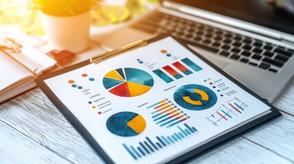 Poster - Colorful charts and graphs displayed on a clipboard next to a laptop, showcasing data analysis and presentations for business.