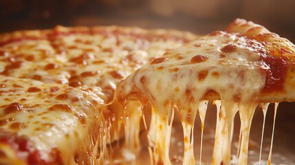 A close-up shot of a cheesy pizza slice with melted cheese dripping down. The pizza is freshly baked and looks delicious.