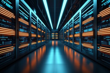 Poster - Futuristic data center corridor illuminated by blue and orange lights, showcasing advanced technology and server racks.