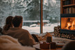 © Safevector - A couple cozily wrapped in blankets sits on a sofa, enjoying the warmth of a fireplace while gazing out at a snowy winter landscape through large windows.