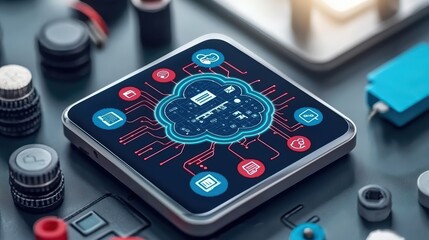 Poster - Modern technology illustration featuring cloud computing, circuits, and digital icons on a smartphone design.