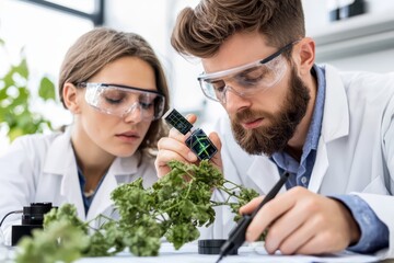 Poster - researchers analyze plant samples in a lab, showcasing teamwork and scientific exploration in plant 