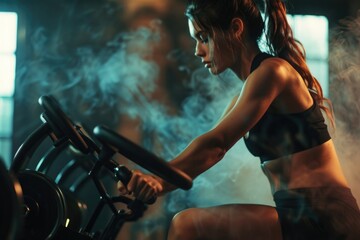 Poster - A person exercising on a stationary bike in a fitness center