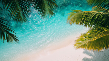 Wall Mural - Palm leaves over crystal clear blue ocean water and white sand beach