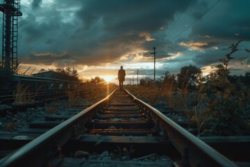 Poster - A person stands on the edge of a railroad track as the sun sets in the background, casting a warm glow