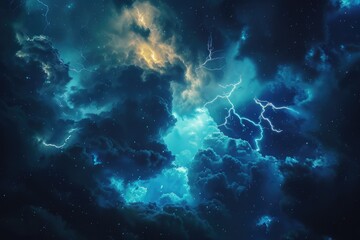 Poster - A cloudy sky with lightning bolts illuminating the dark clouds, perfect for atmospheric backgrounds or weather-themed designs