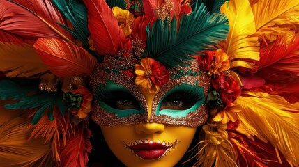 A woman wearing a colorful mask with feathers and flowers. The mask is yellow and green. The woman's face is also yellow and green