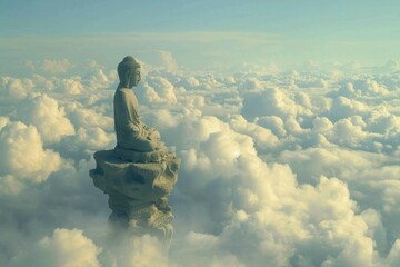 Canvas Print - A statue perched atop a rocky outcropping in the clouds, with misty scenery below