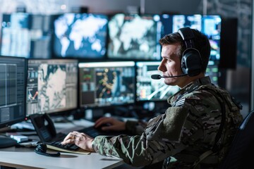 Aufkleber - A man in a military uniform sits at a computer, typing away