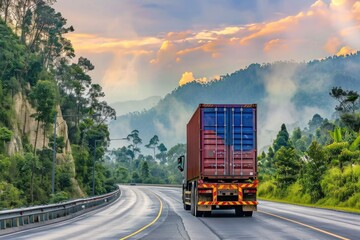 Wall Mural - A truck drives along a winding road with a majestic mountain range in the background