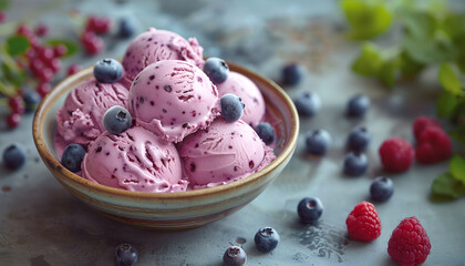 Wall Mural - Creative food concept. Scoop balls of gelato sorbet ice cream in ceramic bowl with fruits blueberry blueberries raspberry raspberries on concrete background. copy text space

