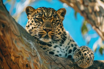 Poster - A leopard sits in a tree, gazing directly at the camera