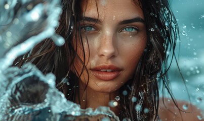 Wall Mural - Close-up of a brunette woman with wet hair, blue eyes, and glowing skin, surrounded by water droplets. Free copy space for text.