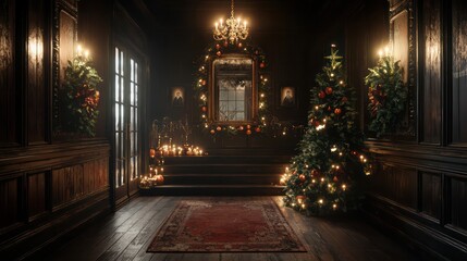 Wall Mural - A room with a large Christmas tree and a red carpet. The room is dimly lit and has a cozy, festive atmosphere