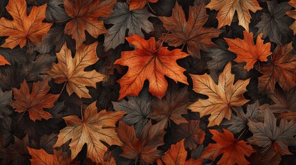 A repeating pattern of autumn leaves, each one intricately detailed and shaded in rich hues, set against a dark, textured background