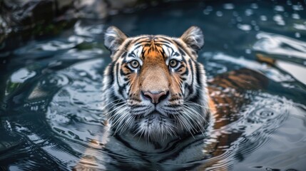 Poster - Wild tiger swims in a pool of water, a perfect shot for wildlife or aquatic themes