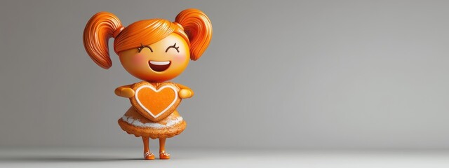 3D cartoon ginger woman in playful pose with heart shaped cookie against a grey backdrop