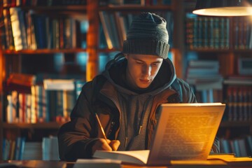 Poster - A person sitting at a table with a book, possibly studying or reading for leisure