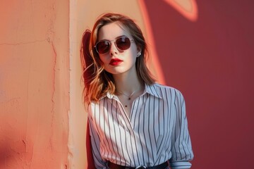 Poster - A woman wearing a striped shirt and sunglasses is leaning against a wall, ready for her next adventure