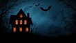 © Dumrongkait - A house with bats flying around it. The house is lit up with lights. Scene is spooky and eerie