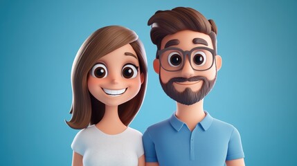 Poster - 3d cartoon couple portrait with smiling woman and her husband