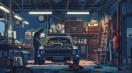 Poster - A mechanic conducts computer diagnostics on a vehicle while repairing the engine in a well-equipped garage. Generative AI