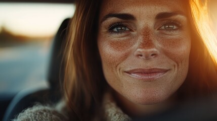 A close-up portrait of a woman with freckled skin, smiling softly, with the golden light of the setting sun illuminating her face, highlighting natural beauty and serenity.