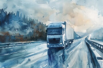 Wall Mural - A truck drives down a busy highway with cityscape in the background