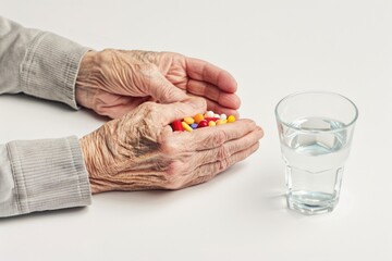 a person holds a pill and a glass of water, ready for self-medication