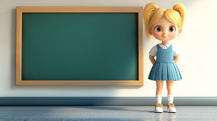 Cute cartoon girl 6 years old with blonde hair, dressed in school uniform, standing near blackboard on light background on right.