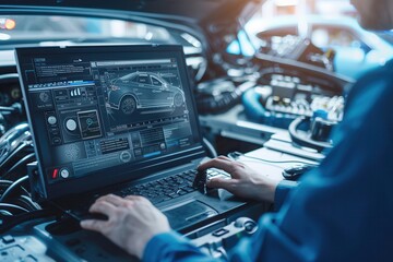 Aufkleber - A mechanic is conducting a computer diagnosis and working on an engine repair in a modern automotive shop filled with tools and equipment. Generative AI