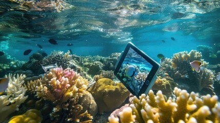 Canvas Print - A tablet computer sitting on top of a coral reef, ideal for underwater research or exploration