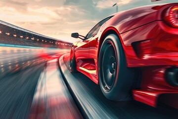 A red sports car speeding along a track