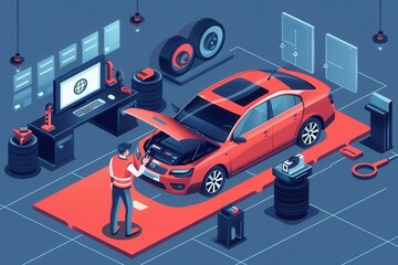 Poster - A mechanic performs a computer diagnosis and works on engine repairs in a well-equipped auto repair shop during daylight hours. Generative AI
