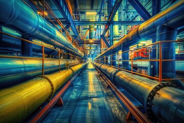 Poster - A room filled with industrial pipes