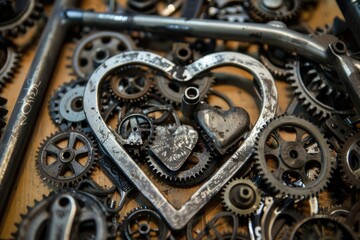 Wall Mural - A close-up shot of a metal heart surrounded by intricate gears, perfect for illustrations related to technology and innovation