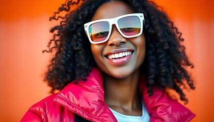 young Black woman with curly dark hair wearing white sunglasses and red jacket, smiling and posing against an orange background created with generative ai	